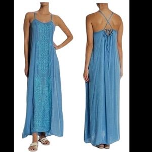 Boho Me Column Embroidered Floral Maxi Sundress Dress Blue